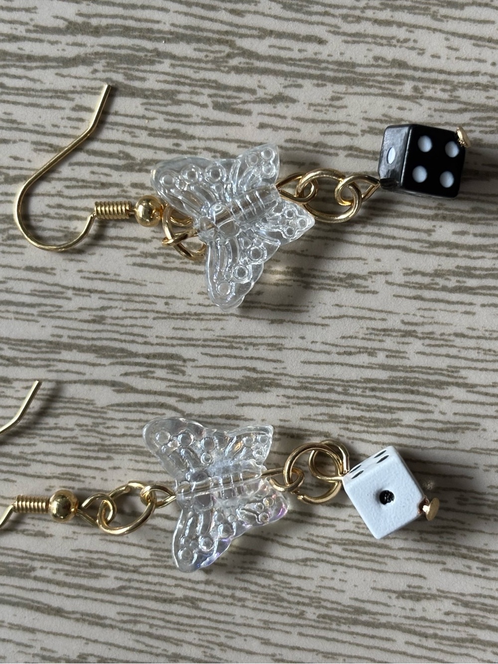 Hand Crafted Clear Butterfly and Black & White Dice Earrings